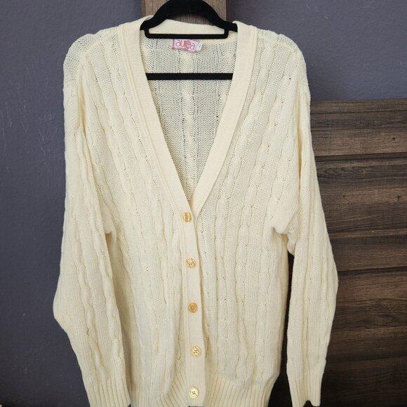 Vintage Women's L Granny Cable Knit Cardigan Sweater Yellow Cottagecore Oversize - Picture 1 of 14